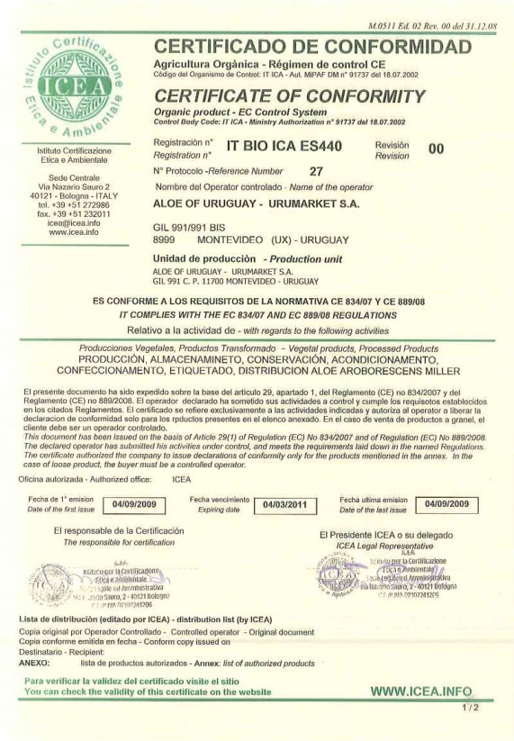 Certificado ICEA para Aloe of Uruguay 1 de 2